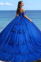 Off-Shoulder Ball Gown with Beaded Appliques Royal Tulle Quinceanera & Sweet 16 Party Dress